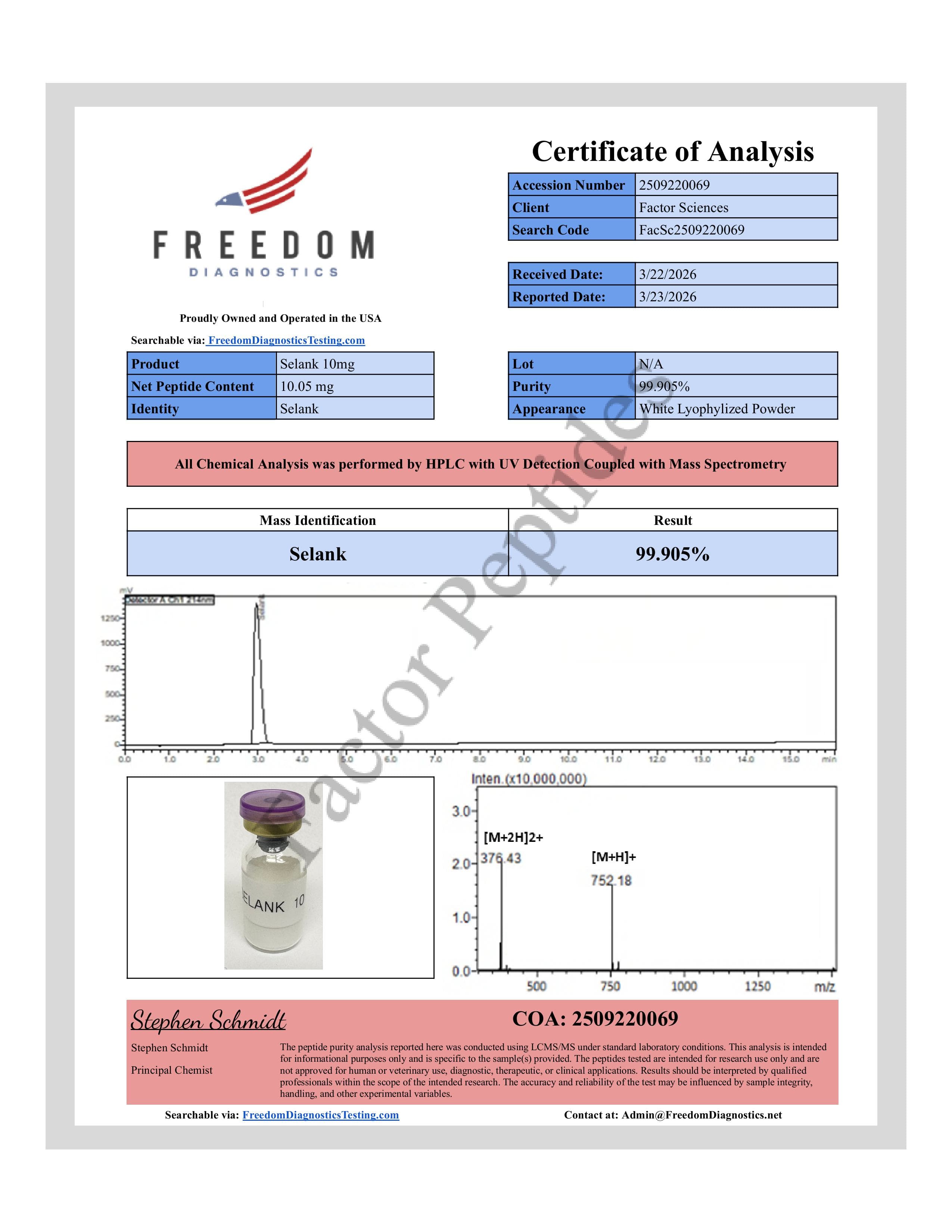 Certificate of Analysis — Selank 10mg