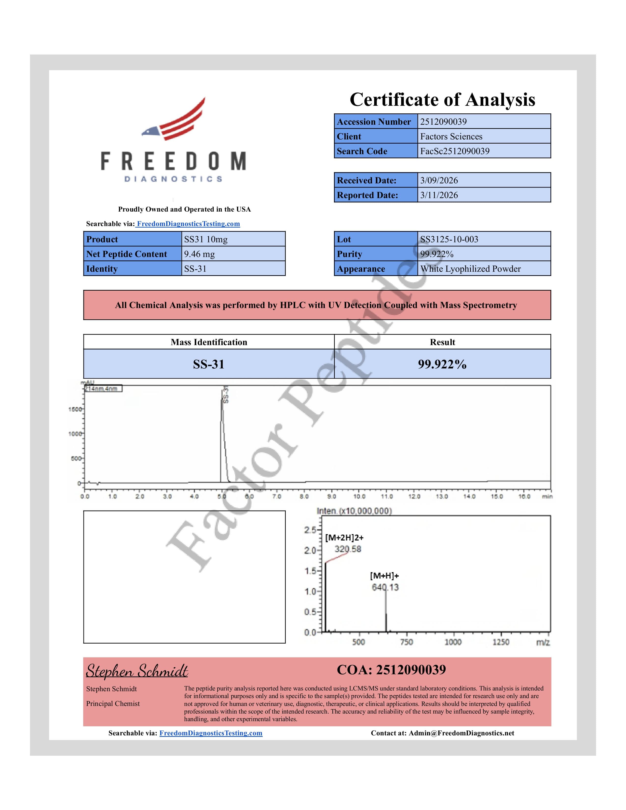 Certificate of Analysis — SS-31 10mg